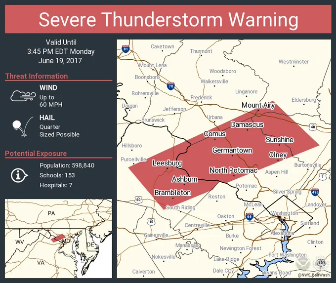 Severe Thunderstorm Warning for Montgomery County (including Germantown MD and Gaithersburg, MD) until 3:45 PM. Threat of wind up to 60 miles per hour and possible quarter-sized hail.