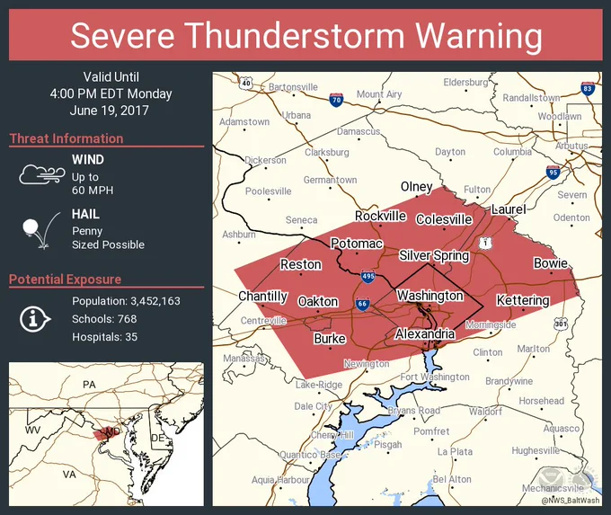 Severe Thunderstorm Warning for Montgomery Co including Rockville & Silver Spring until 4:00 PM. Possible wind speeds up to 60 miles per hour. Possible penny-sized hail.