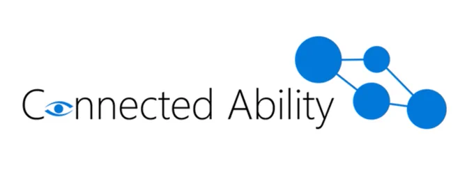 Connected Ability logo has a blue eye for the o in Connected. Logo accompanied by four connected circles in chain.