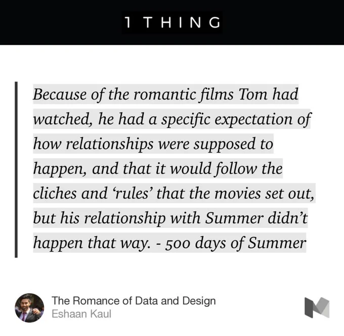 “Because of the romantic films Tom had watched, he had a specific expectation of how relationships were supposed to happen, and that it would follow the cliches and ‘rules’ that the movies set out, but his relationship with Summer didn’t happen that way. - 500 days of Summer” from “The Romance of Data and Design” by Eshaan Kaul.