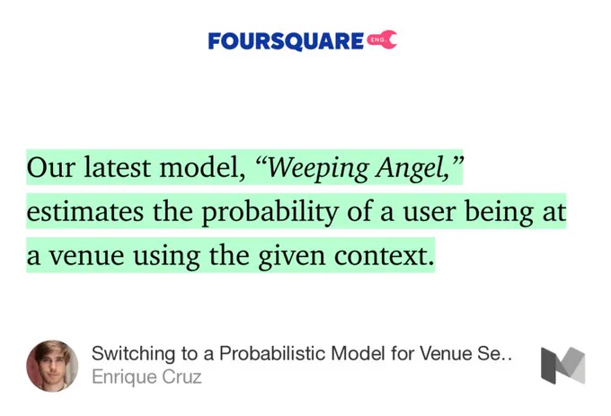 “…Our latest model, ‘Weeping Angel,’ estimates the probability of a user being at a venue using the given context.…” from “Switching to a Probabilistic Model for Venue Search in Foursquare” by Enrique Cruz.