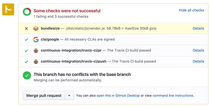 bundlesize showing the impact of a change to JavaScript files in a Github PR