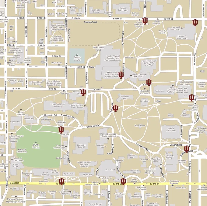 Locations of IU Guides on campus for Monday and Tuesday
