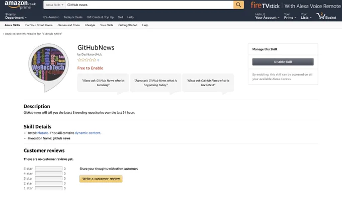 GitHub News skill in the Alexa Skills App Store