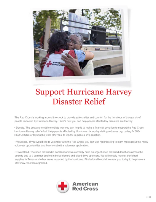 Flyer from American Red Cross that says Support Hurricane Harvey Disaster Relief