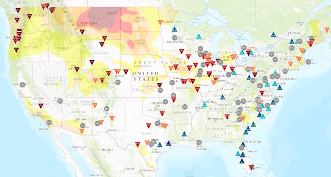 Condtions monitoring map shows where reports have been submitted throughout the US