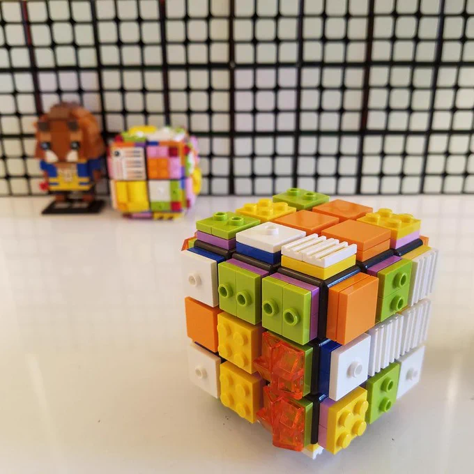 A colorful, tactile version of a Rubik’s cube built with a variety of Legos