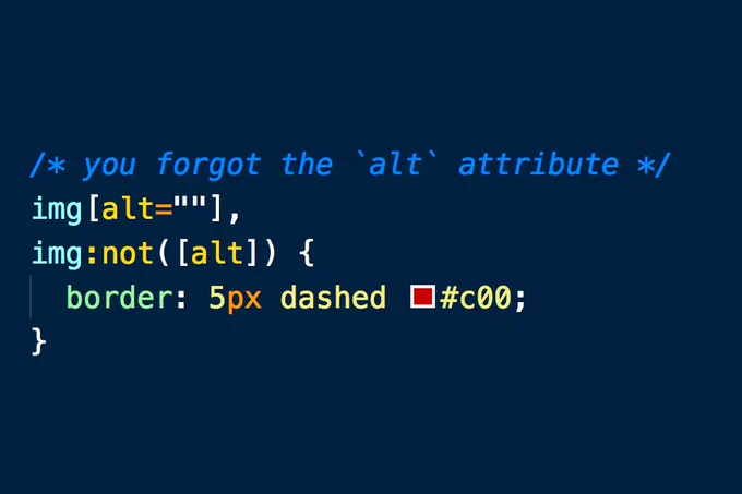 Screenshot of a CSS rule for images that don't have an "alt" attribute