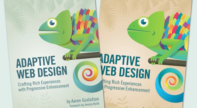Covers of Aaron Gustafson's book editions, Adaptive Web Design, with a friendly rainbow-colored frog peaking out from the side.