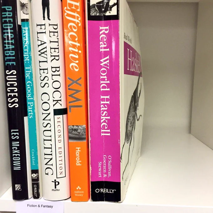 a set of books labelled "fiction and fantasy" that include books like "Real World Haskell", "JavaScript: The Good Parts", "Effective XML", "Predictable Success", "Flawless Consulting"
