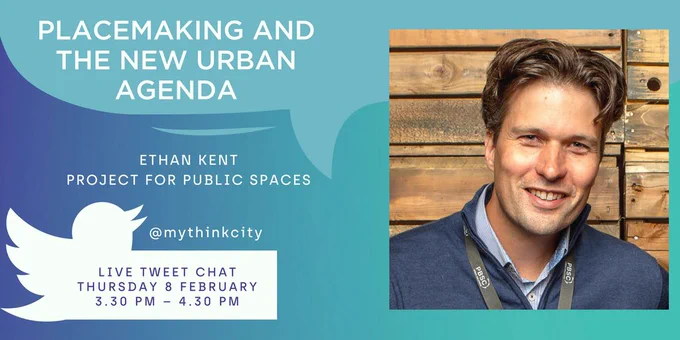 Blue poster with picture of Ethan smiling, Placemaking and the new urban agenda, Project for Public Spaces
