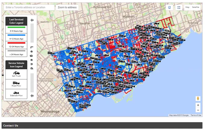 PlowTO map shows the real-time locations of plows and salt trucks.