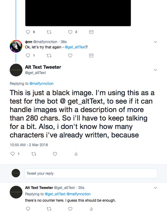 screenshot of a successful reply to an image containing more than 280 characters, using two consecutive tweets