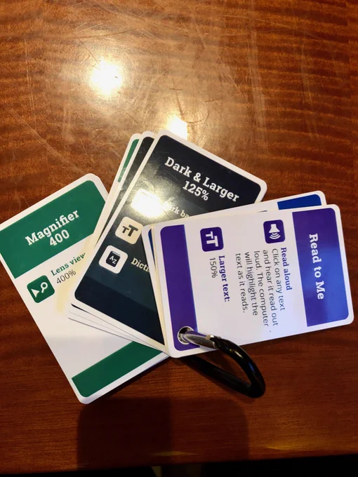 Keychain of cards with individual settings and descriptions listed (ex. Read to me, Dark & Larger 175%, Magnifier 400)