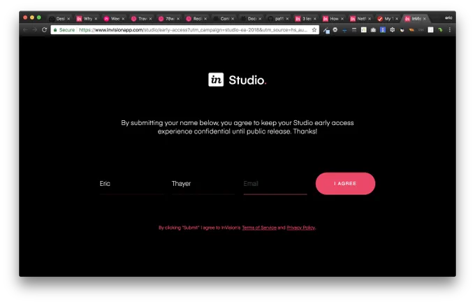my InVision Studio early access screen