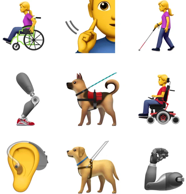 NEW PROPOSED EMOJIS. PERSON IN MANUAL WHEELCHAIR; DEAF SIGN; PERSON WITH WHITE CANE; PROSTHETIC LEG: SERVICE DOG WITH VEST AND LEASH. PERSON IN POWER WHEELCHAIR; EAR WITH HEARING AID; GUIDE DOG WITH HARNESS; PROSTHETIC ARM