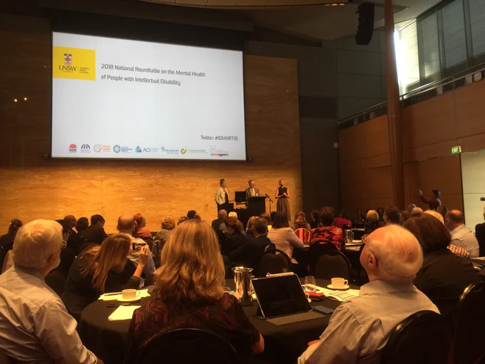 Image of Michael Sullivan from @nswcid speaking at podium with Auslan interpreter on the right, with participants sitting at roundtables.  #IDMHRT18