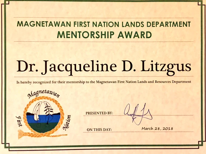 Certificate recognizing Dr Litzgus’ mentorship