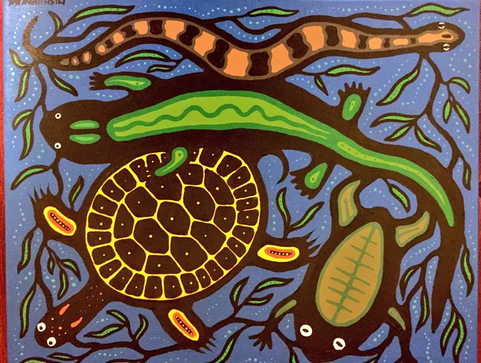Painting of dr litzgus’ favourite herps: turtle, toad, hellbender, rattlesnake