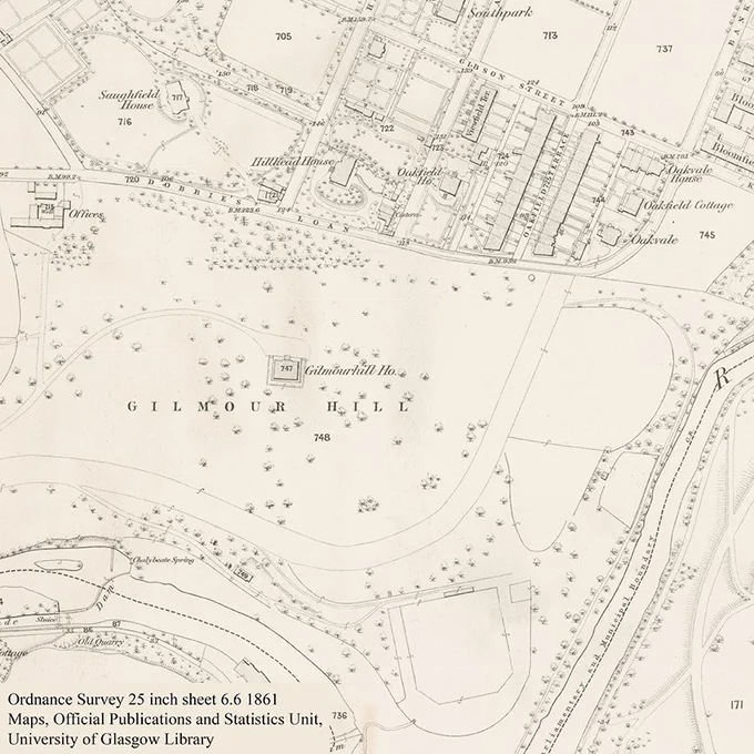 Ordnance Survey maps from 1861 showing the location of the UofG campus before it was built. Gilmourhill House is the only building on the hill.