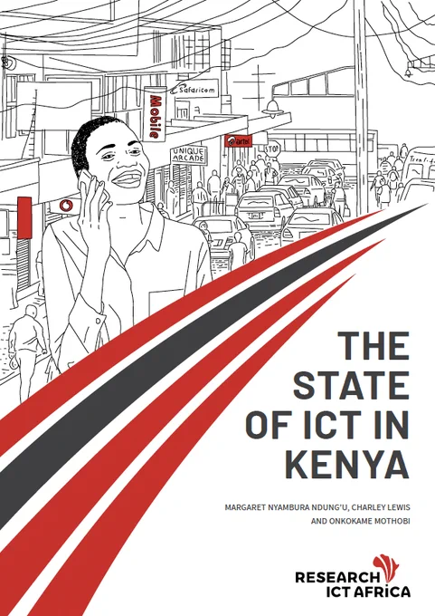 Image of Woman holding a mobile phone in a busy street in Nairobi with title The state of ICT in Kenya by Research ICT Africa