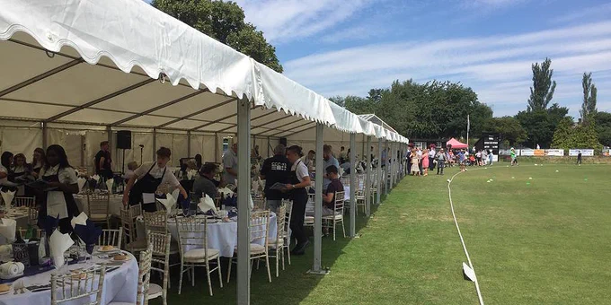 Marquee in the sunshine at the Baxall event at Bexley Cricket Ground
