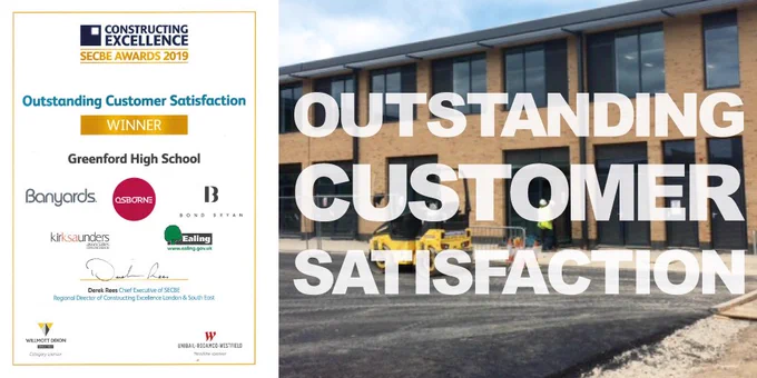 SECBE award for outstanding customer satisfaction beside an image of Greenford High School under construction.