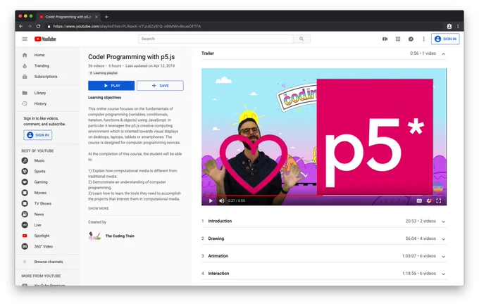 Screenshot of YouTube page for Code! course