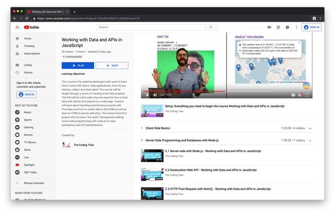 Screenshot of YouTube Page for Working with Data and APIs course