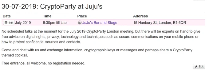 informal (no scheduled Talk or Panel discussion) CryptoParty London meeting on Tuesday 30th July @Jujusbarstage from 6:30pm