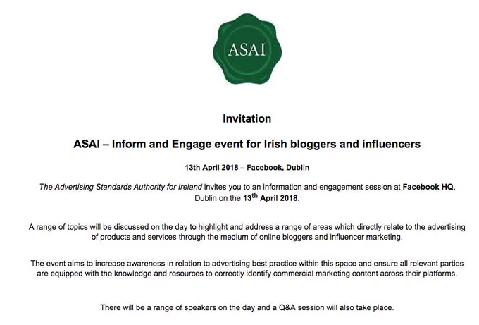 A screenshot of an event to the ASAI event on April 13th to Inform and Engage Irish bloggers and influencers around the advertising of products and services online.