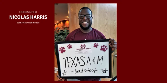 Nicolas Harris, communication major, celebrating getting into grad school!