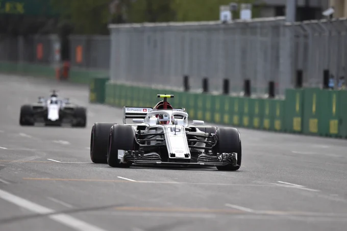 Charles Leclerc on the finish straight of the Baku City Circuit