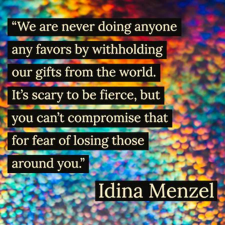 quote by Idina Menzel against a blurred background of multi-colored dots