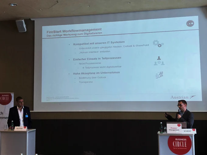 Robert Hutter, CEO FireStart und Thomas Scherz, Austrian Airlines am Business Circle für Prozessmanagement in Wien. 7. - 8. Juni 2018