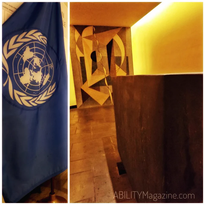 two images: a flag of the united nations and the meditation room with stone in the center... abilitymagazine.com