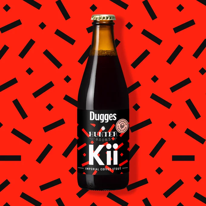 A beer bottle. The beer is Dugges x Hunter & Sons Kii Imperial Coffee Stout.