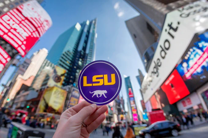 LSU sticker displayed in Times Square.