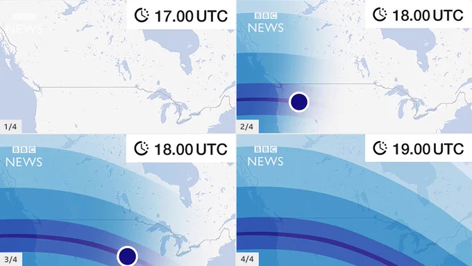 Four frames from an illustrated hurricane-tracking map from BBC Weather that show an approaching storm at 17:00 UTC, 18:00 UTC, 18:00 UTC again, and 19:00 UTC