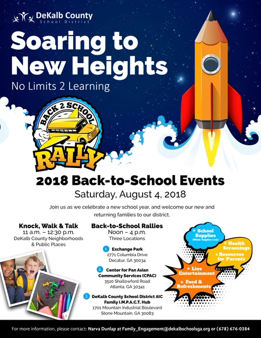 back to school flyer with pencil rocket and event details