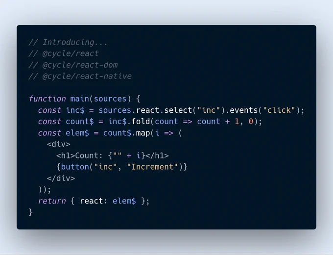 Example use of cycle/react to render ReactElements in a Cycle.js app