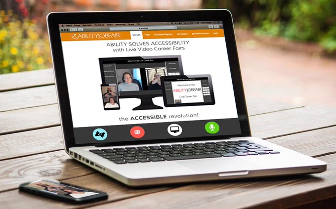 ABILITY Job Fair showing on laptop sitting on out door bench - date of online event July 26th
