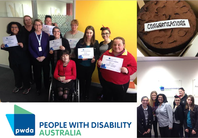 Four photos in a collage. The largest photo is of 10 women smiling at the camera. The second photo is of a chocolate cake that has 'congratulations' written on it. The third photo is of 6 women smiling at the camera. The last photo is the PWDA logo.