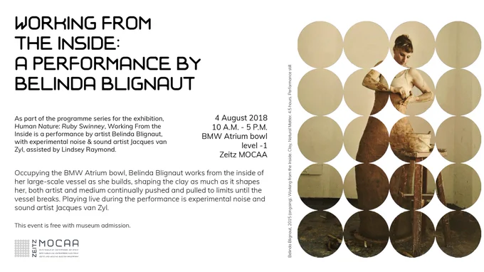 Invite for the performance, 'Working From the Inside' by Belinda Blignaut in the #BMW ATrium bowl at Zeitz MOCAA.  This event is free with museum admission.