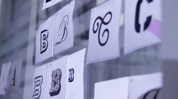 Image of different letters on a glass wall.