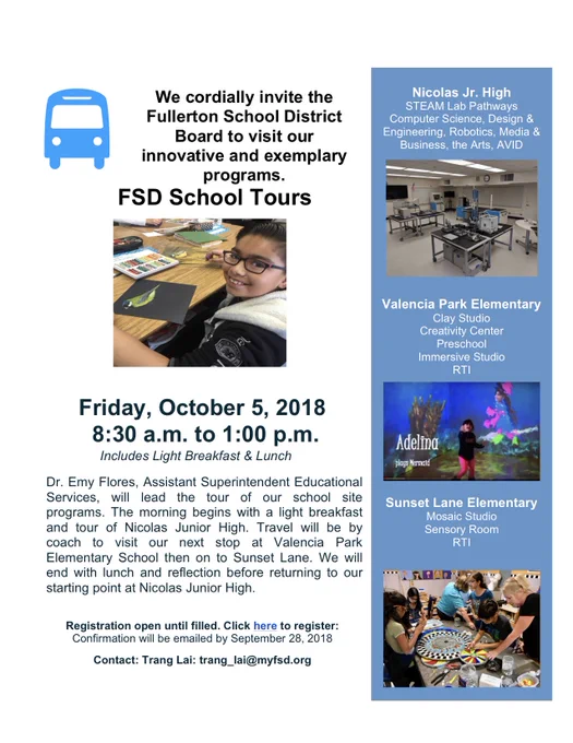 As noted in the flyer, registration is open until filled, so please forward this invite to your guests as soon as possible.  The brochure has a link for registration and confirmation will be emailed by September 28, 2018.  Please ask them to contact Trang Lai at trang_lai@myfsd.org, should you have questions and/or concerns about registration.