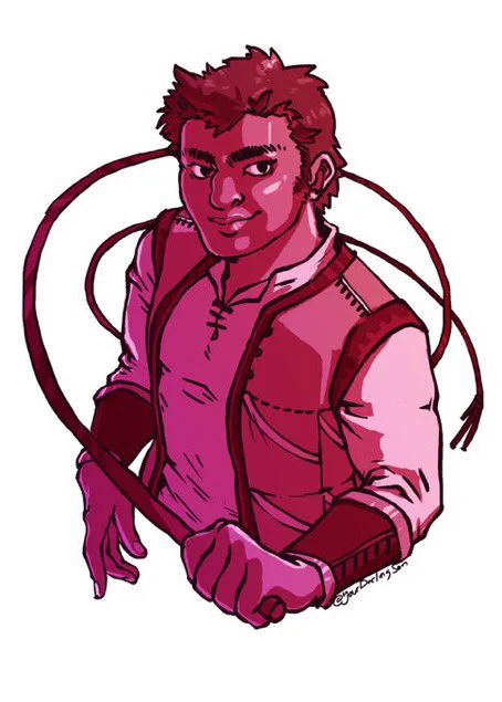 A man wearing a vest and a scar across one eye. He has a confident smirk and a whip in the air. The art is done in shades of red.