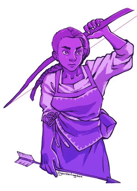 A woman with her head half shaven and the other half on a long braid. She holds a bow and arrow. The art is done in shades of purple