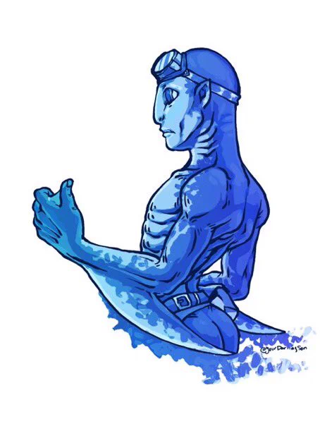 A bald man with gills and goggles. He has blades coming out of his arms. The art is done in blue