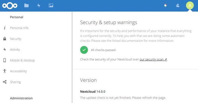 New Nextcloud version 14: all checks passed.